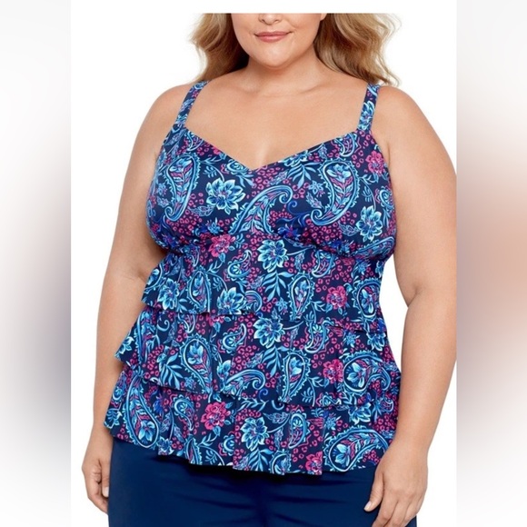 Swim Solutions Plus Size Triple Tier Printed Tankini Top Size 16W - Picture 1 of 6